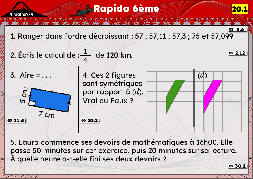 Rapido 20.1 – exercices de maths 6ème, semaine 20 : Ranger des décimaux, fraction d'une quantité et symétrie