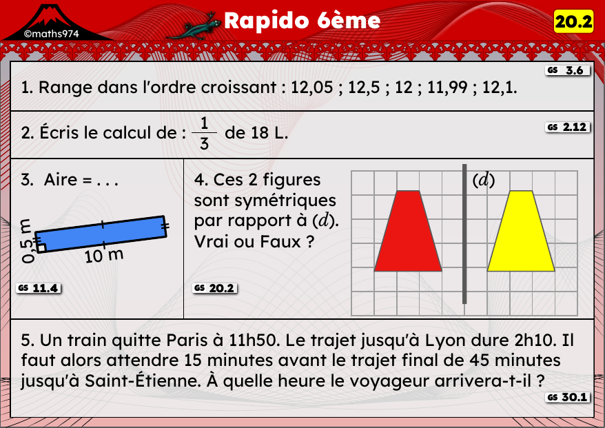 Rapido 20.2 – exercices de maths 6ème, semaine 20 : Ranger des décimaux, fraction d'une quantité et symétrie
