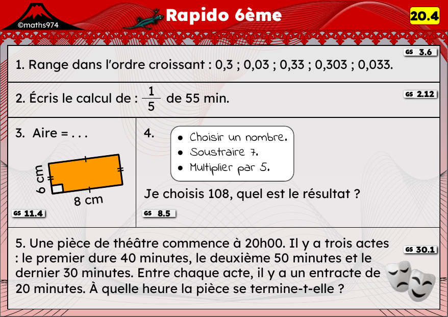 Rapido 20.4 – exercices de maths 6ème, semaine 20 : Ranger des décimaux, fraction d'une quantité et symétrie