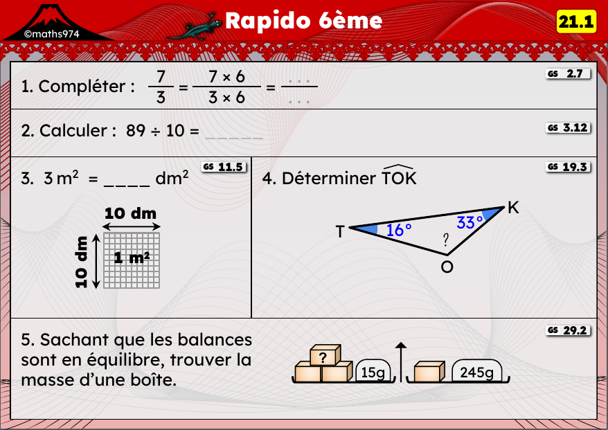 Rapido 21.1 – exercices de maths 6ème, semaine 21 : Diviser par 10/100/1000, aires et angles