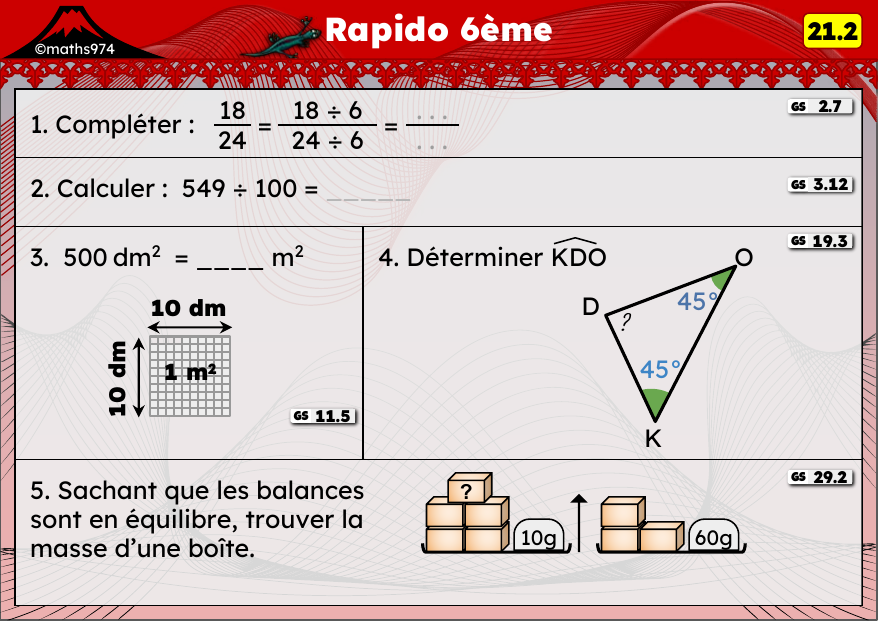 Rapido 21.2 – exercices de maths 6ème, semaine 21 : Diviser par 10/100/1000, aires et angles