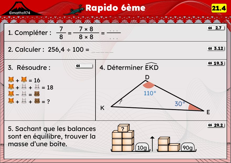 Rapido 21.4 – exercices de maths 6ème, semaine 21 : Diviser par 10/100/1000, aires et angles