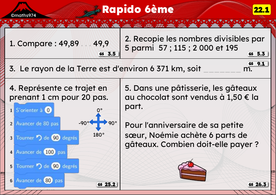 Rapido 22.1 – exercices de maths 6ème, semaine 22 : Comparer des décimaux, divisibilité par 5 et 10, trajets