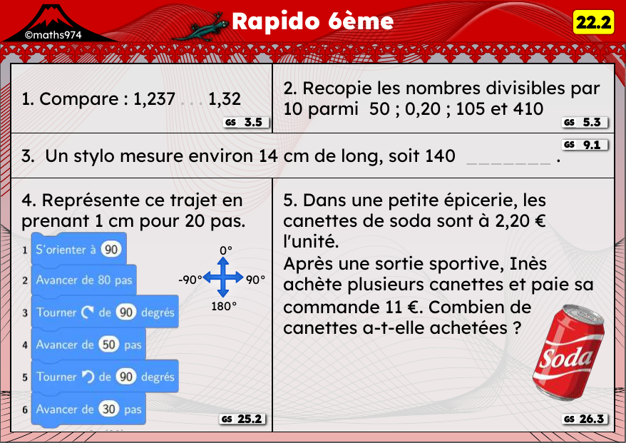 Rapido 22.2 – exercices de maths 6ème, semaine 22 : Comparer des décimaux, divisibilité par 5 et 10, trajets
