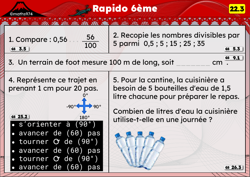 Rapido 22.3 – exercices de maths 6ème, semaine 22 : Comparer des décimaux, divisibilité par 5 et 10, trajets