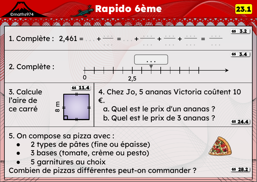 Rapido 23.1 – exercices de maths 6ème, semaine 23 : Millièmes, aires du carré et du rectangle, prix unitaire