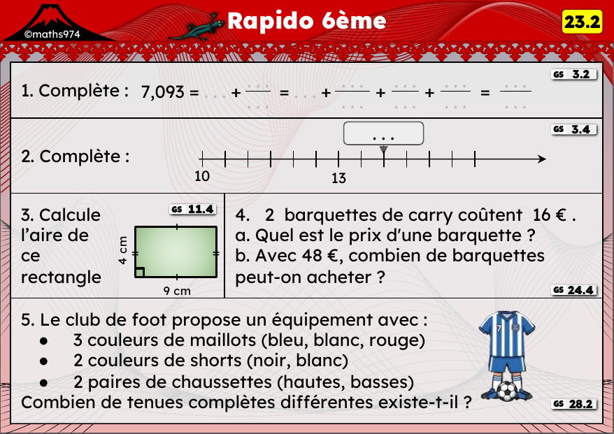 Rapido 23.2 – exercices de maths 6ème, semaine 23 : Millièmes, aires du carré et du rectangle, prix unitaire