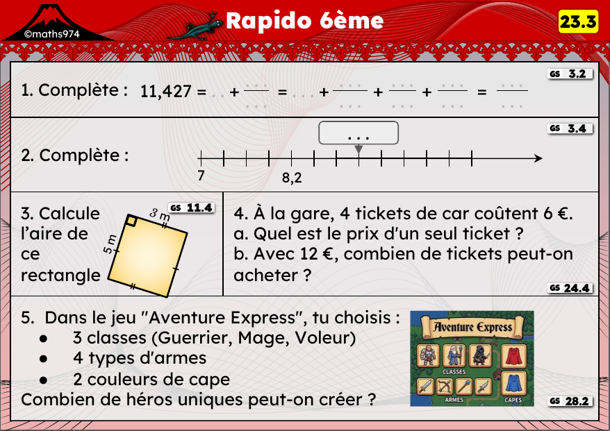 Rapido 23.3 – exercices de maths 6ème, semaine 23 : Millièmes, aires du carré et du rectangle, prix unitaire