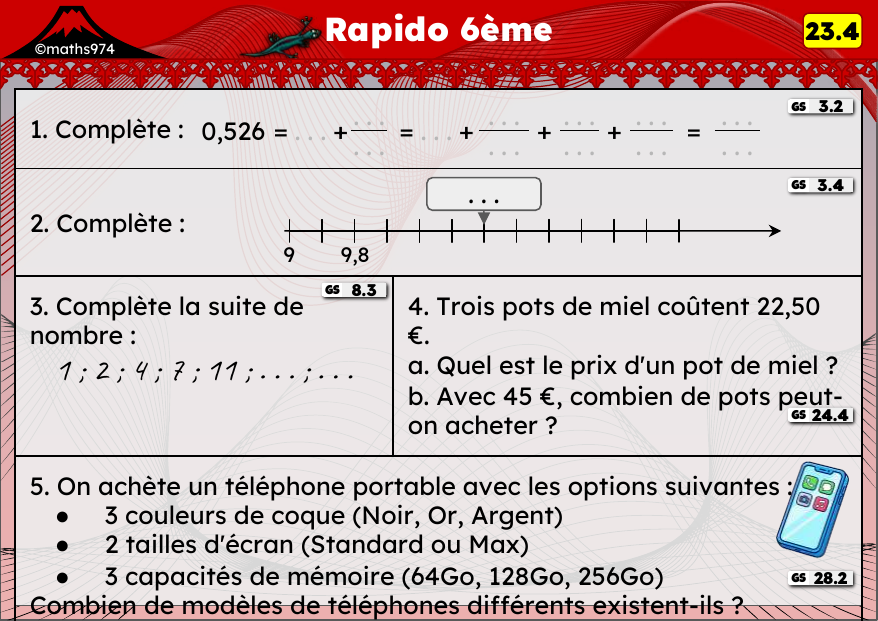 Rapido 23.4 – exercices de maths 6ème, semaine 23 : Millièmes, aires du carré et du rectangle, prix unitaire