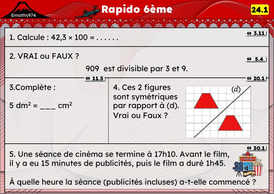 Rapido 24.1 – exercices de maths 6ème, semaine 24 : Décimaux ×10/100, diviseurs et conversions d'aires