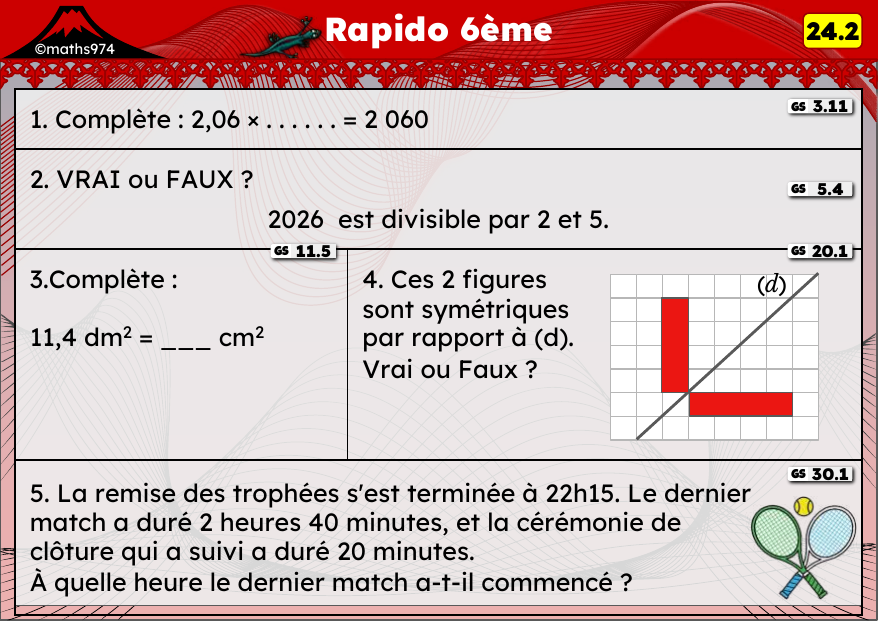 Rapido 24.2 – exercices de maths 6ème, semaine 24 : Décimaux ×10/100, diviseurs et conversions d'aires