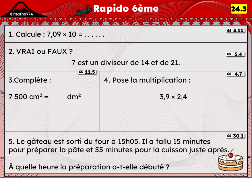 Rapido 24.3 – exercices de maths 6ème, semaine 24 : Décimaux ×10/100, diviseurs et conversions d'aires