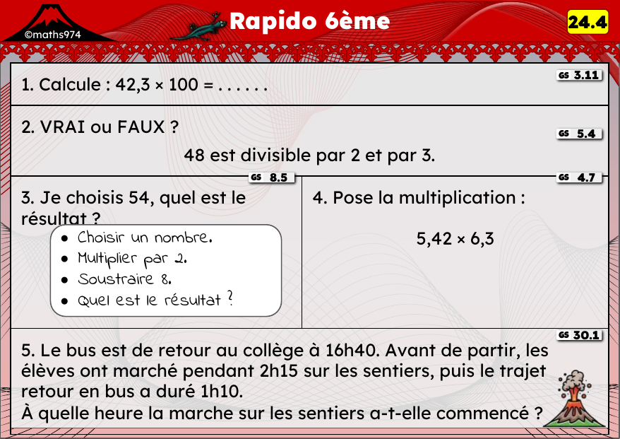 Rapido 24.4 – exercices de maths 6ème, semaine 24 : Décimaux ×10/100, diviseurs et conversions d'aires