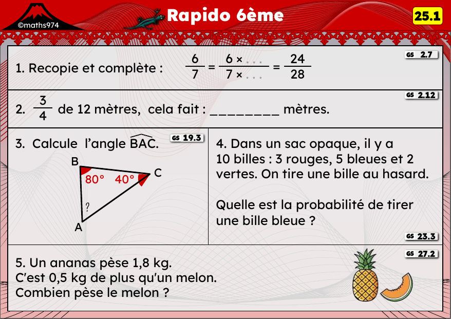 Rapido 25.1 – exercices de maths 6ème, semaine 25 : Simplifier des fractions, angles d'un triangle et probabilités