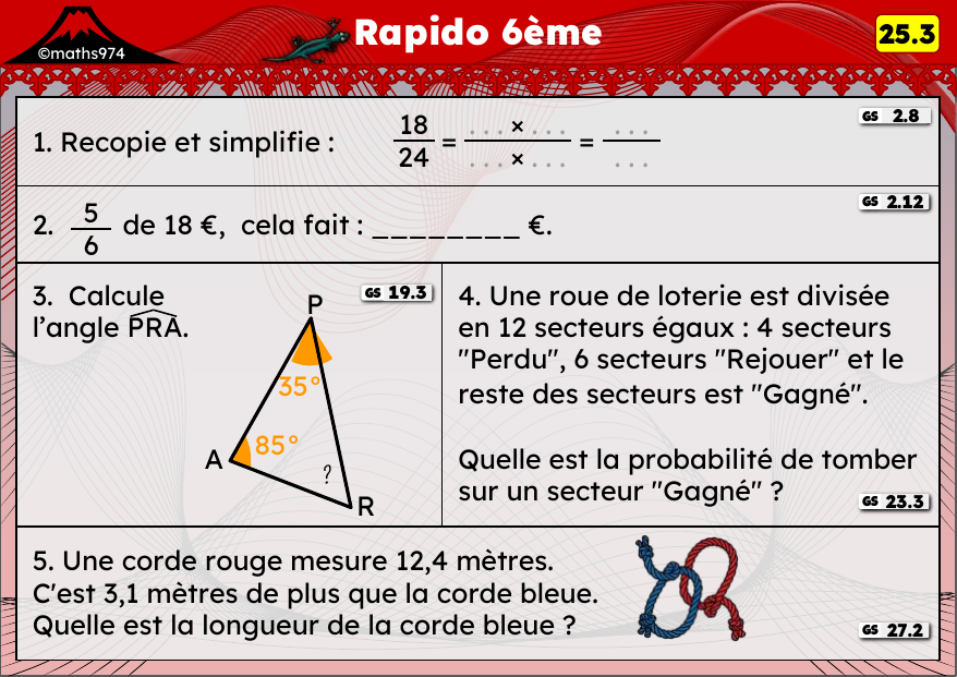 Rapido 25.3 – exercices de maths 6ème, semaine 25 : Simplifier des fractions, angles d'un triangle et probabilités