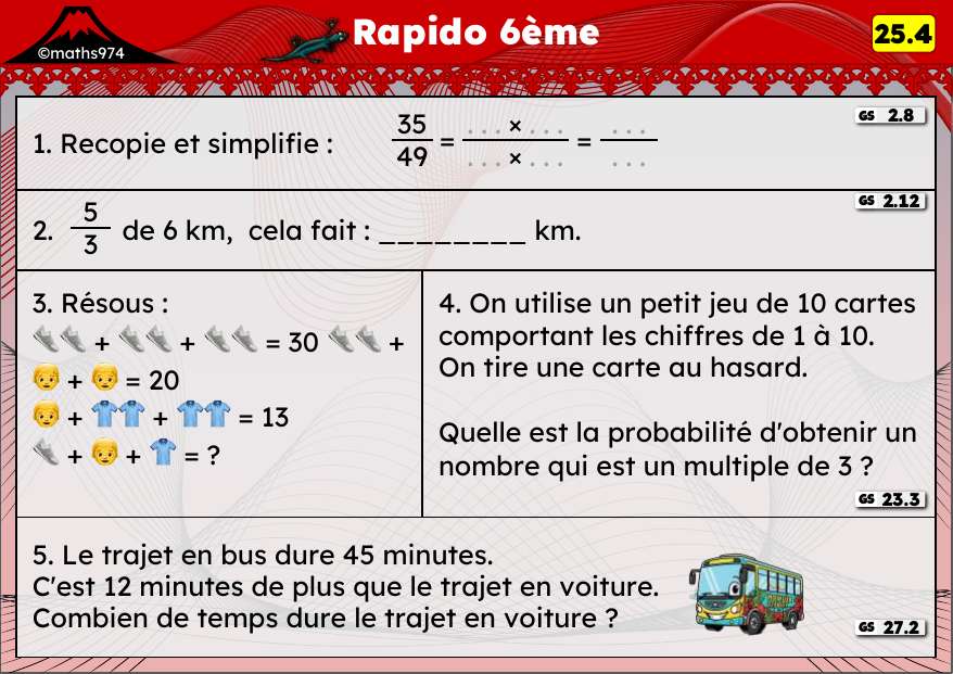 Rapido 25.4 – exercices de maths 6ème, semaine 25 : Simplifier des fractions, angles d'un triangle et probabilités