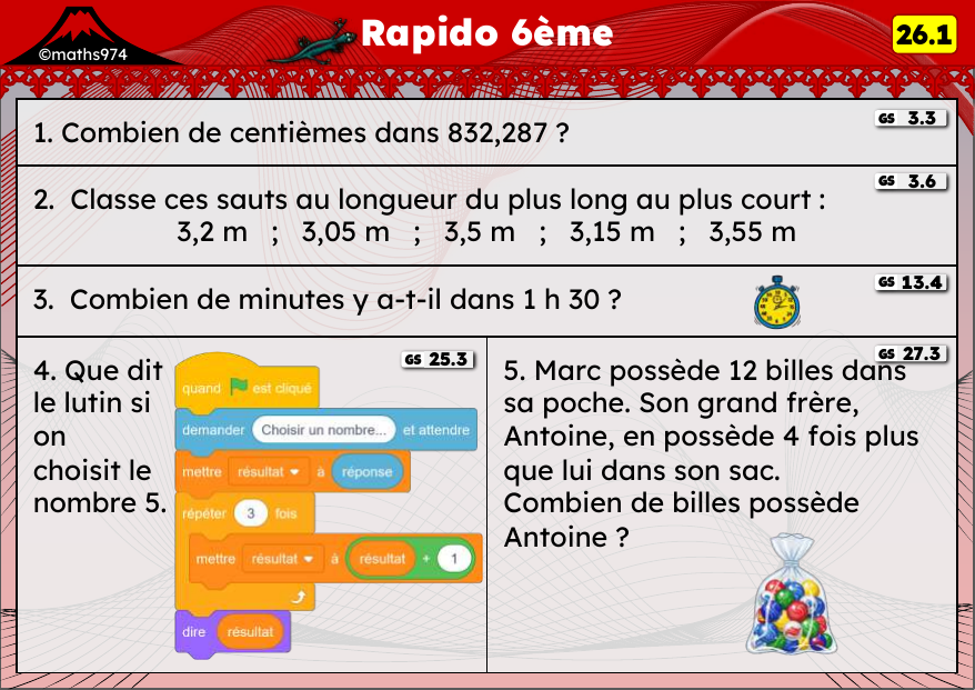 Rapido 26.1 – exercices de maths 6ème, semaine 26 : Dixièmes/centièmes/millièmes, rangements et programmes de calcul