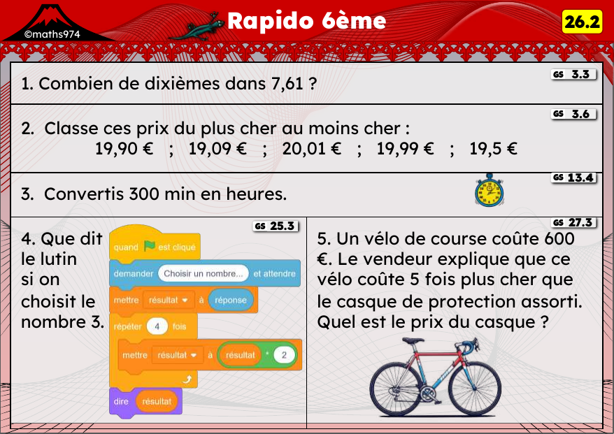 Rapido 26.2 – exercices de maths 6ème, semaine 26 : Dixièmes/centièmes/millièmes, rangements et programmes de calcul