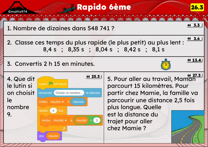 Rapido 26.3 – exercices de maths 6ème, semaine 26 : Dixièmes/centièmes/millièmes, rangements et programmes de calcul