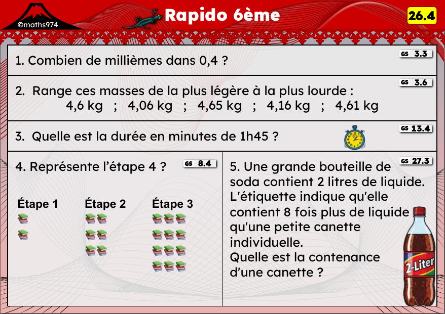 Rapido 26.4 – exercices de maths 6ème, semaine 26 : Dixièmes/centièmes/millièmes, rangements et programmes de calcul