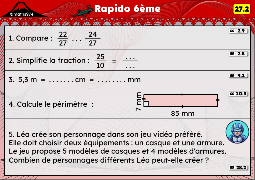 Rapido 27.2 – exercices de maths 6ème, semaine 27 : Comparer et simplifier des fractions, conversions m/cm/mm