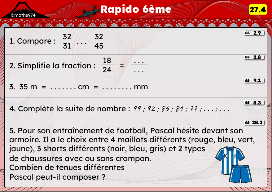 Rapido 27.4 – exercices de maths 6ème, semaine 27 : Comparer et simplifier des fractions, conversions m/cm/mm