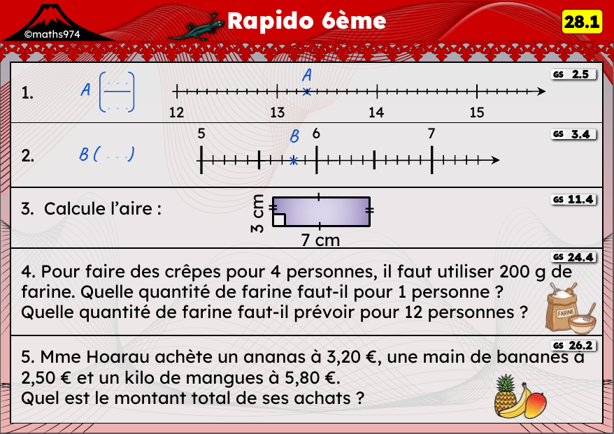 Rapido 28.1 – exercices de maths 6ème, semaine 28 : Droite graduée décimale, aires et retour à l'unité