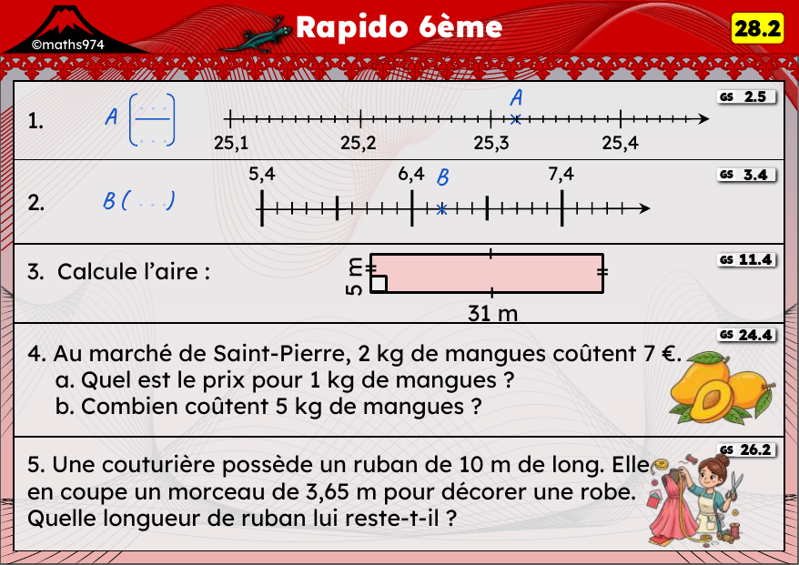 Rapido 28.2 – exercices de maths 6ème, semaine 28 : Droite graduée décimale, aires et retour à l'unité