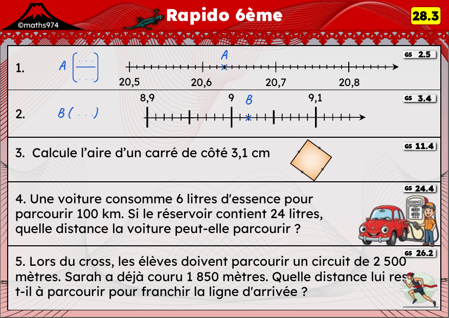 Rapido 28.3 – exercices de maths 6ème, semaine 28 : Droite graduée décimale, aires et retour à l'unité