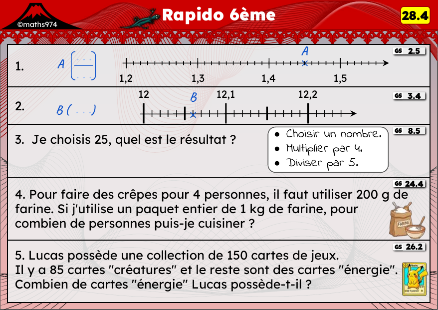 Rapido 28.4 – exercices de maths 6ème, semaine 28 : Droite graduée décimale, aires et retour à l'unité