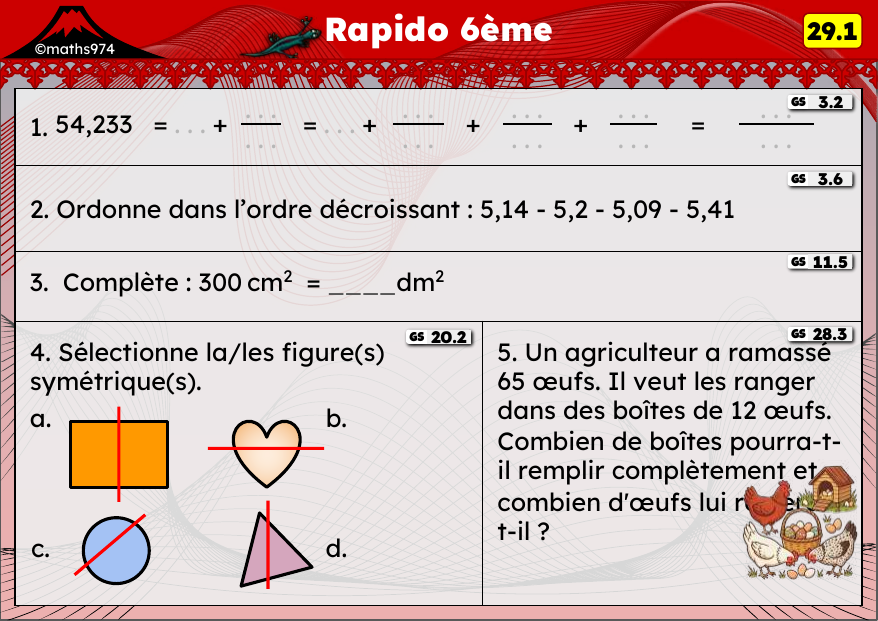 Rapido 29.1 – exercices de maths 6ème, semaine 29 : Décimaux, conversions d'aires et figures symétriques