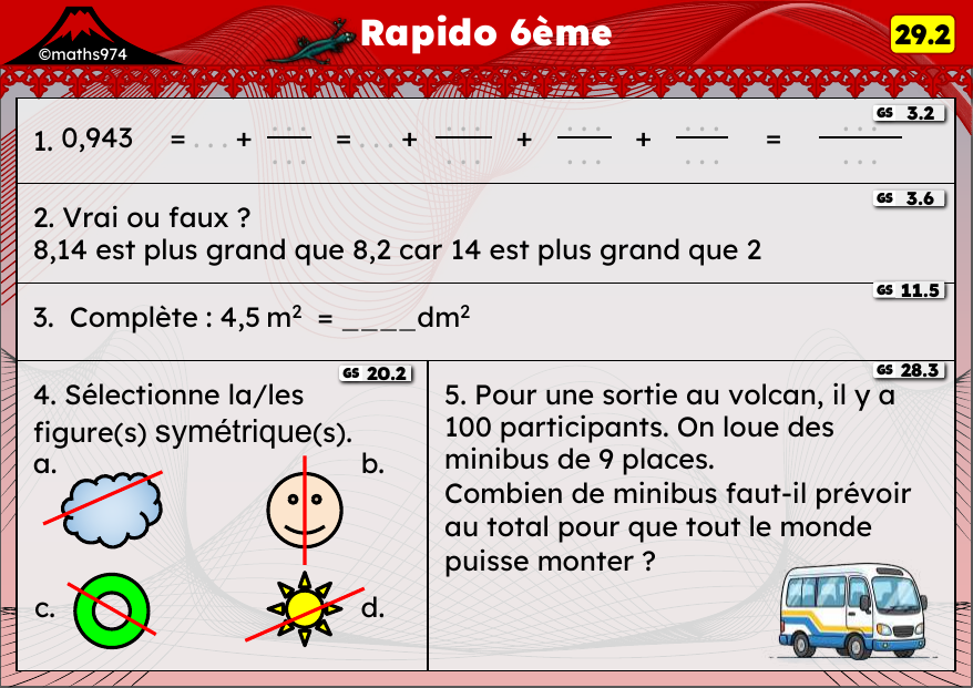 Rapido 29.2 – exercices de maths 6ème, semaine 29 : Décimaux, conversions d'aires et figures symétriques