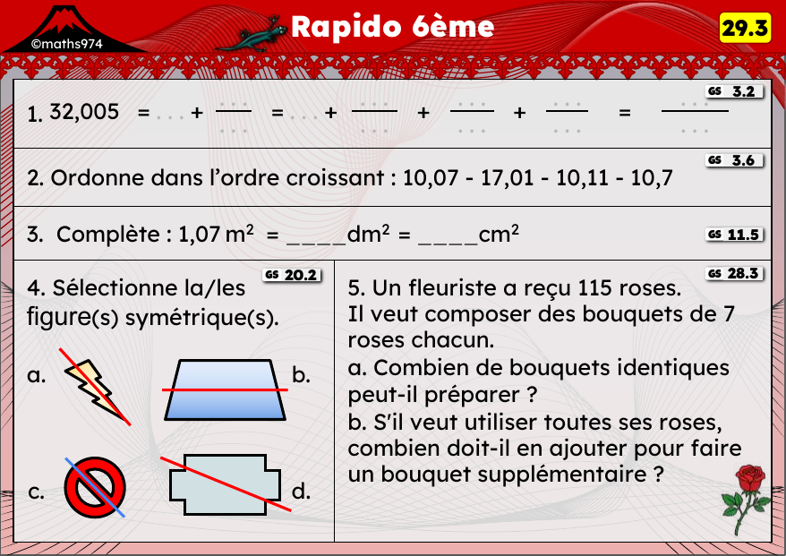 Rapido 29.3 – exercices de maths 6ème, semaine 29 : Décimaux, conversions d'aires et figures symétriques