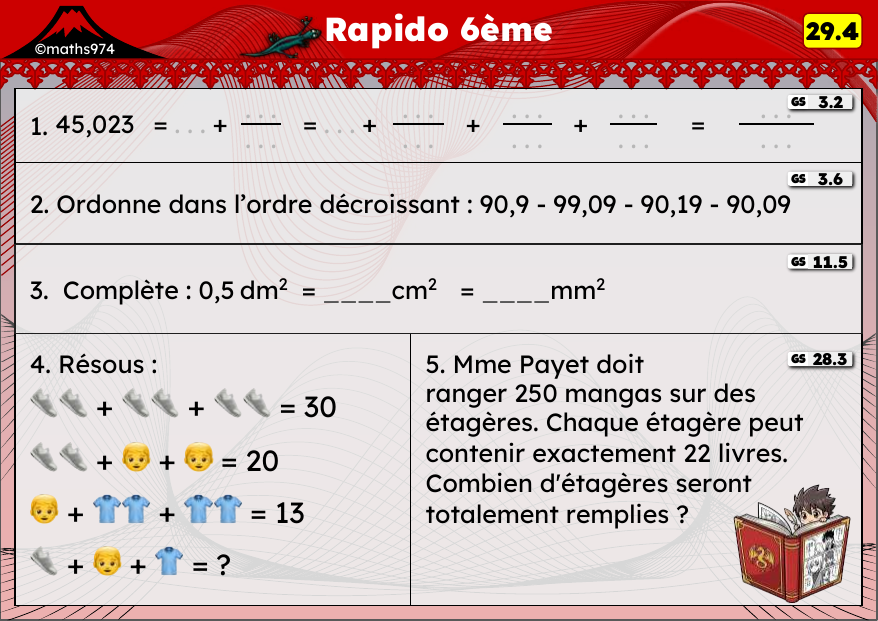Rapido 29.4 – exercices de maths 6ème, semaine 29 : Décimaux, conversions d'aires et figures symétriques