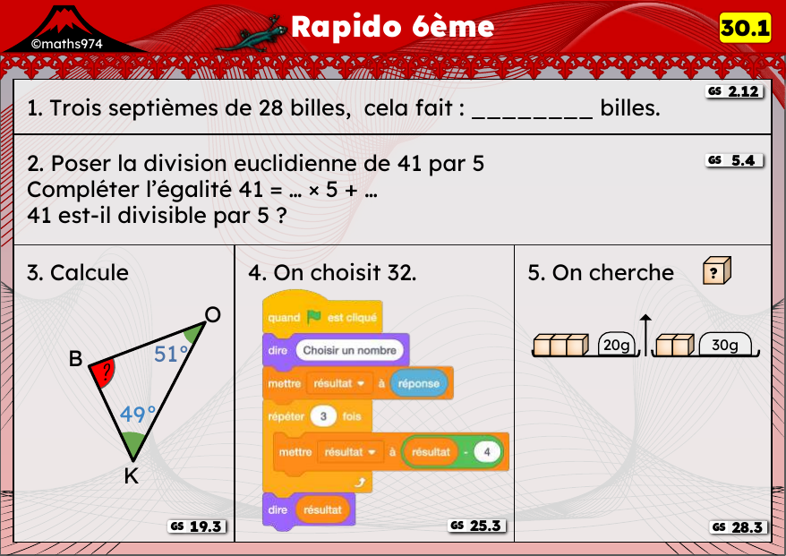 Rapido 30.1 – exercices de maths 6ème, semaine 30 : Fraction et pourcentage d'une quantité, division euclidienne, angles