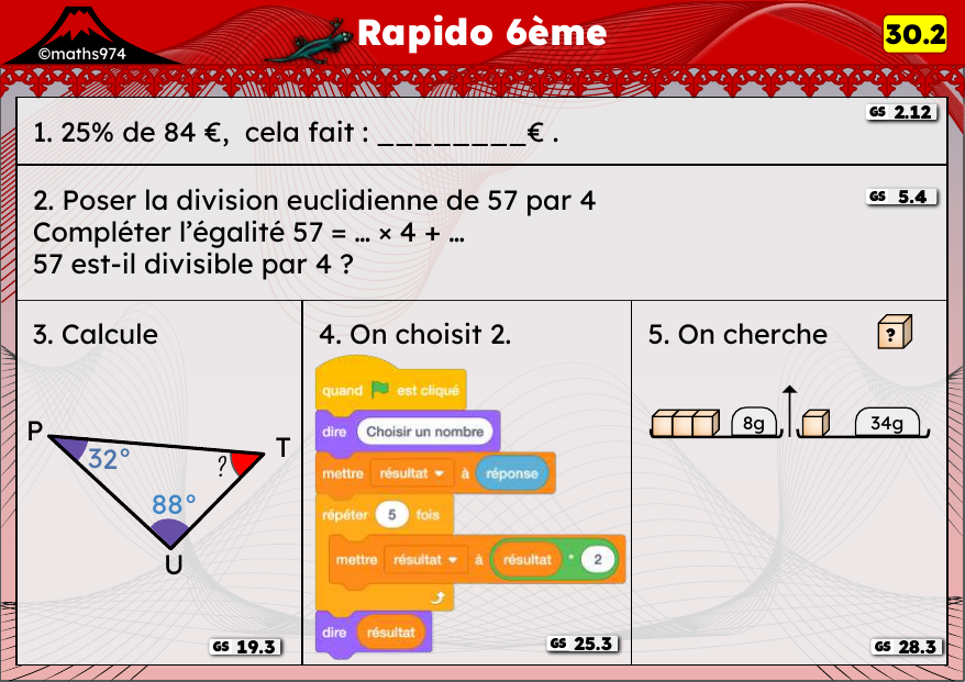 Rapido 30.2 – exercices de maths 6ème, semaine 30 : Fraction et pourcentage d'une quantité, division euclidienne, angles
