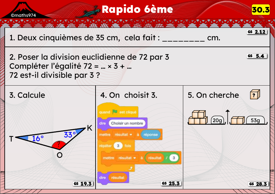 Rapido 30.3 – exercices de maths 6ème, semaine 30 : Fraction et pourcentage d'une quantité, division euclidienne, angles