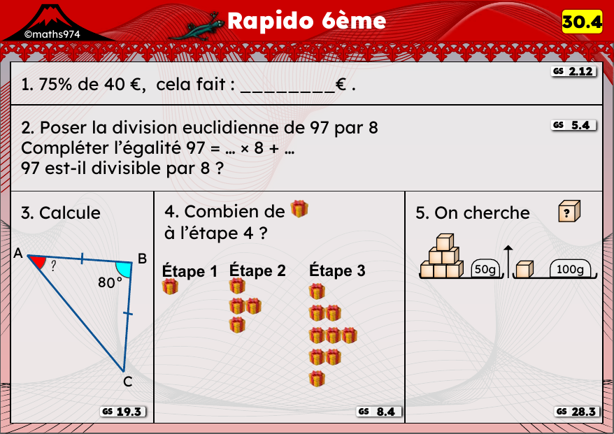 Rapido 30.4 – exercices de maths 6ème, semaine 30 : Fraction et pourcentage d'une quantité, division euclidienne, angles