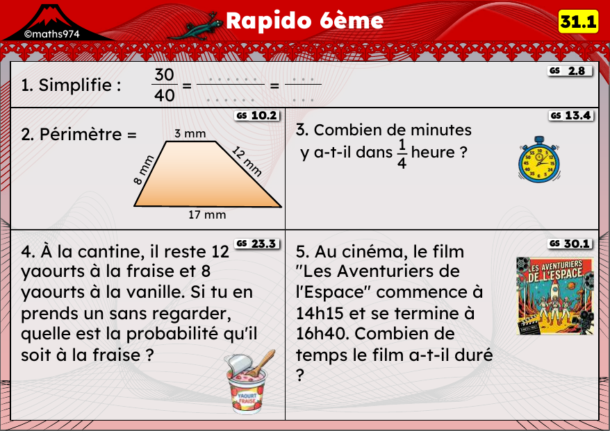 Rapido 31.1 – exercices de maths 6ème, semaine 31 : Simplifier des fractions, fractions de durées et probabilités