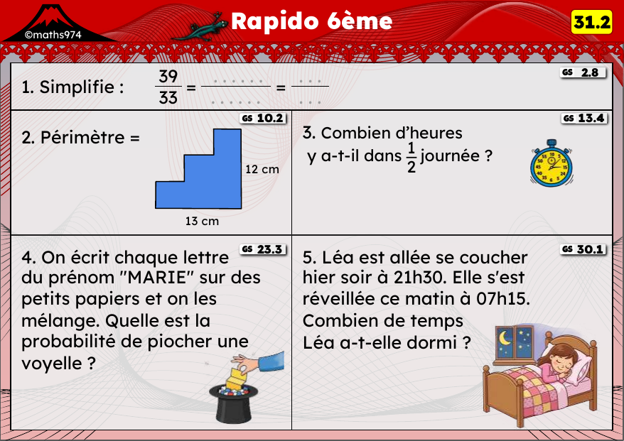 Rapido 31.2 – exercices de maths 6ème, semaine 31 : Simplifier des fractions, fractions de durées et probabilités