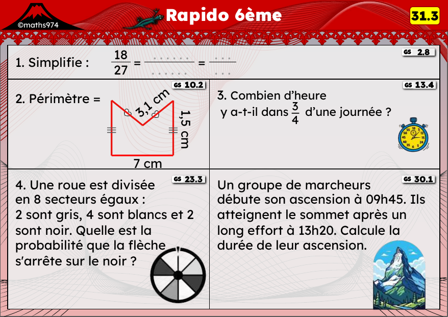 Rapido 31.3 – exercices de maths 6ème, semaine 31 : Simplifier des fractions, fractions de durées et probabilités
