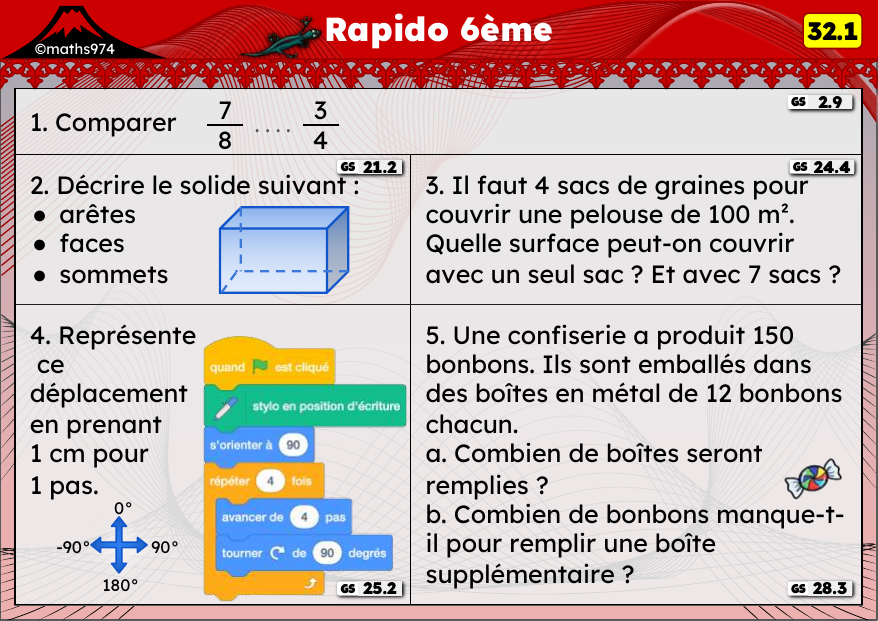 Rapido 32.1 – exercices de maths 6ème, semaine 32 : Comparer, décrire un solide, proportionnalité et déplacements