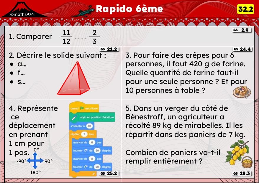Rapido 32.2 – exercices de maths 6ème, semaine 32 : Comparer, décrire un solide, proportionnalité et déplacements