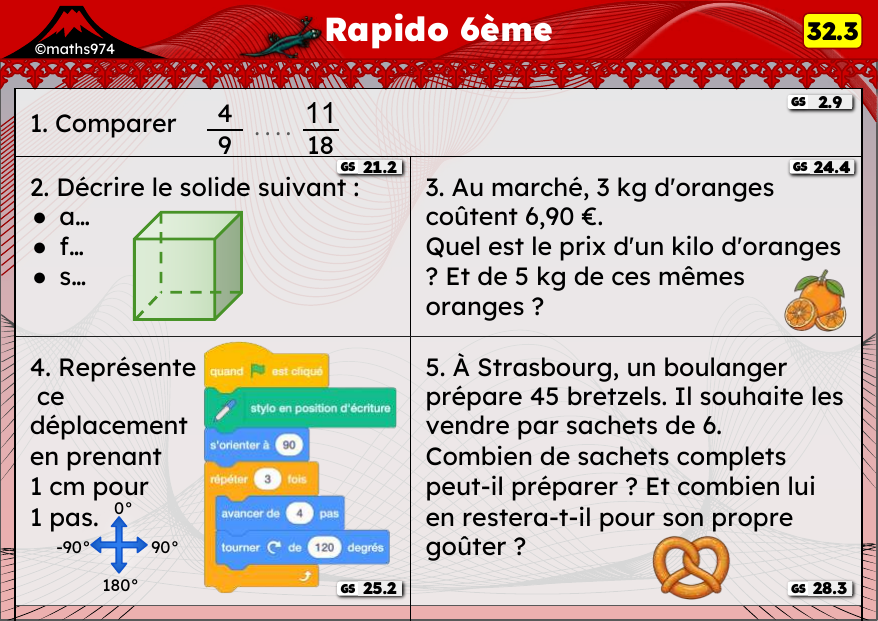 Rapido 32.3 – exercices de maths 6ème, semaine 32 : Comparer, décrire un solide, proportionnalité et déplacements