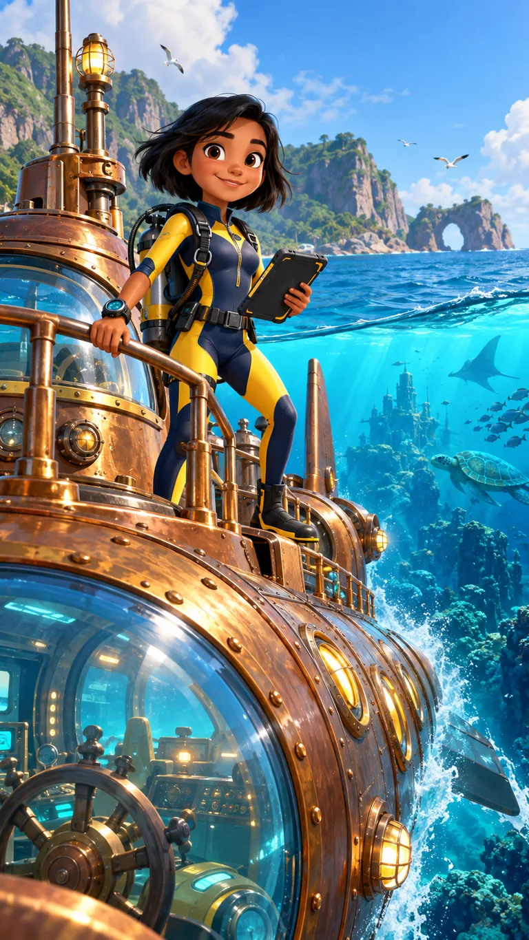 Maya, jeune océanographe, devant le sous-marin Nautilus