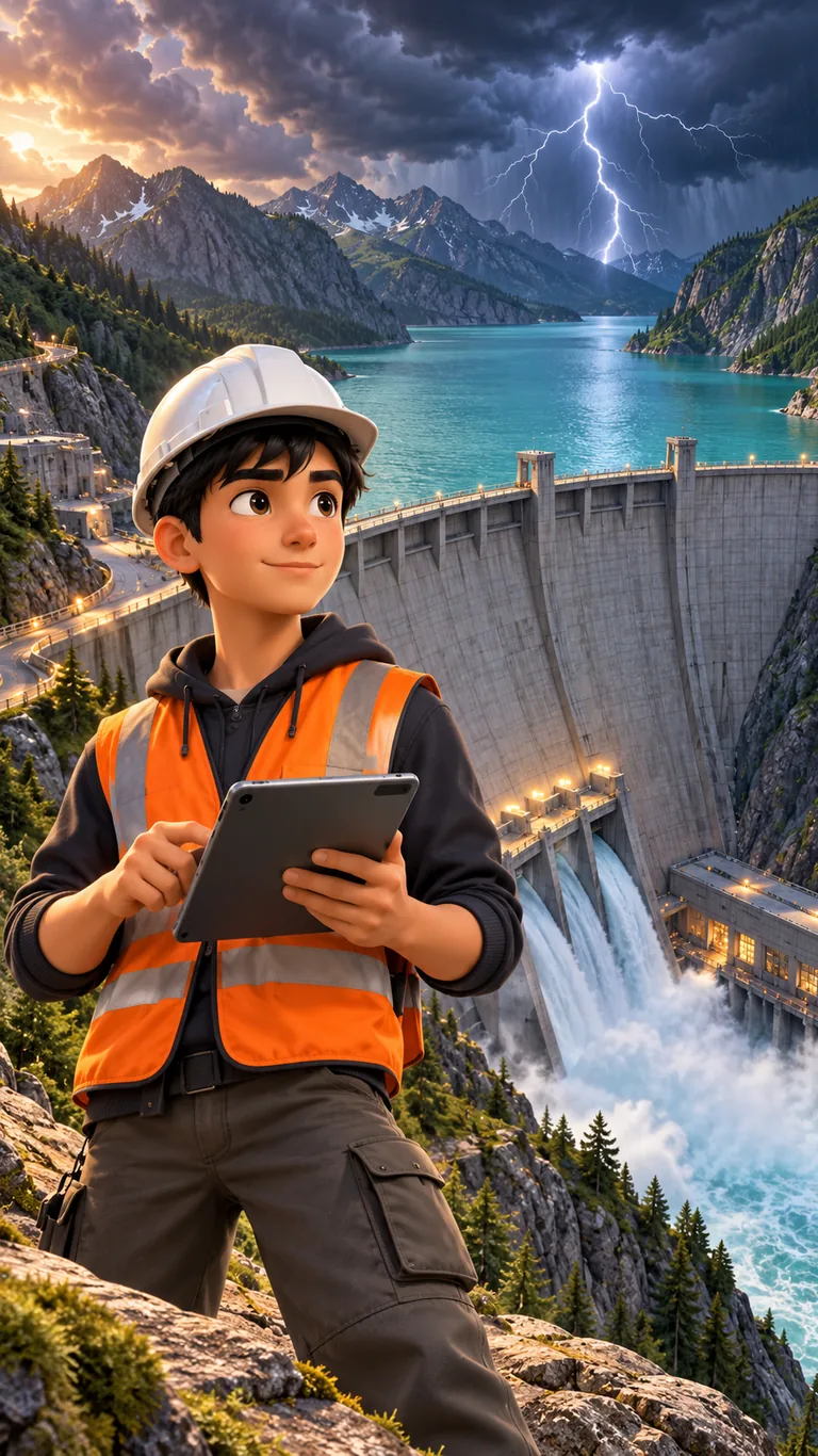 Tao, 17 ans, ingénieur, devant un barrage géant