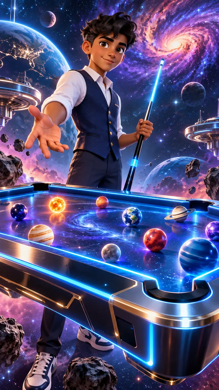 Rayan, 16 ans, devant une table de billard flottant dans l'espace