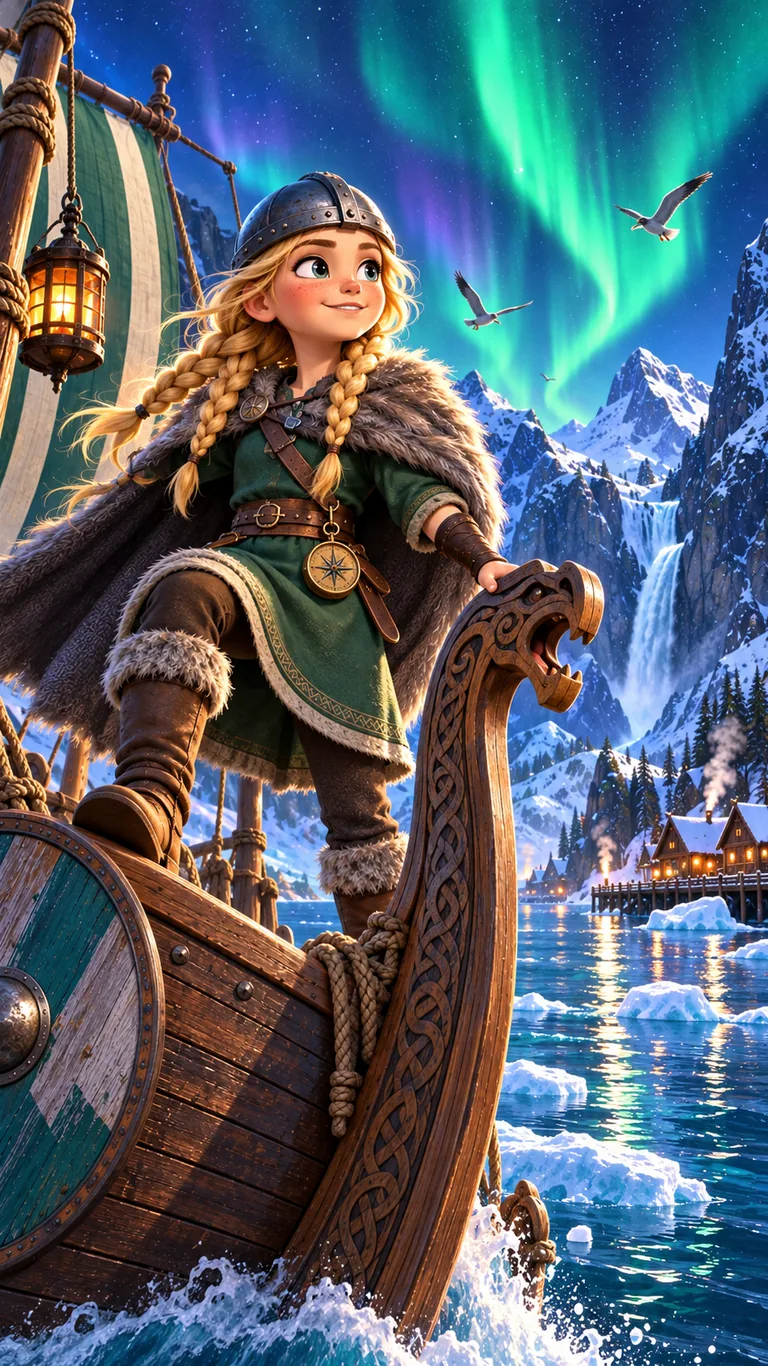 Sigrid, jeune navigatrice viking, à la proue de son drakkar