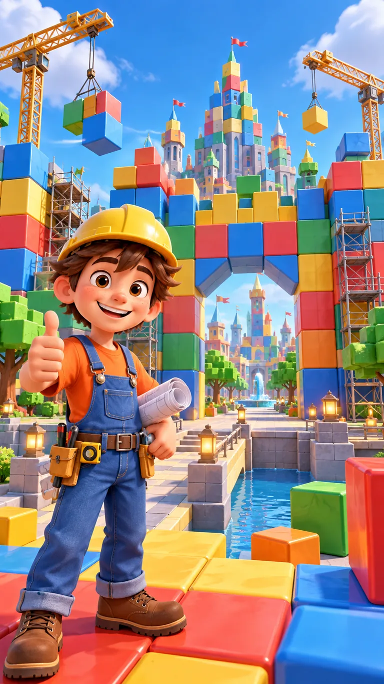 Tom, jeune bâtisseur, devant la Cité des Cubes