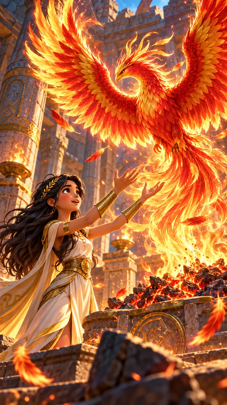 Aurore, gardienne du phénix, devant l'oiseau de feu